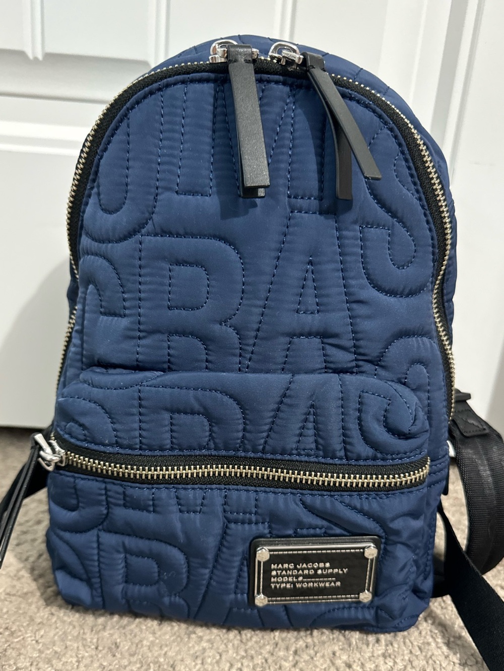 Cool Marc Jacobs navy blue quilted logo medium size backpack new
